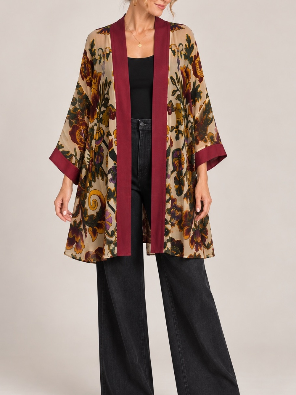 Chico’s Floral Silk Blend Kimono Jacket Burgundy Trim L/XL